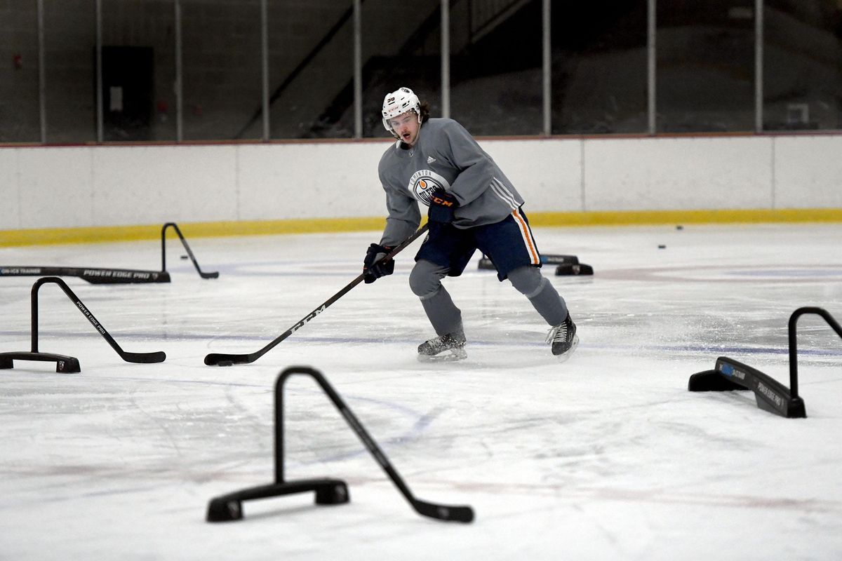 Edmonton Oilers Kailer Yamamoto makes his way through a maze of attack triangles during practice at Frontier Ice Arena in Coeur d'Alene on Wednesday, June 4, 2020. (Kathly Plonka/The Spokesman-Review)