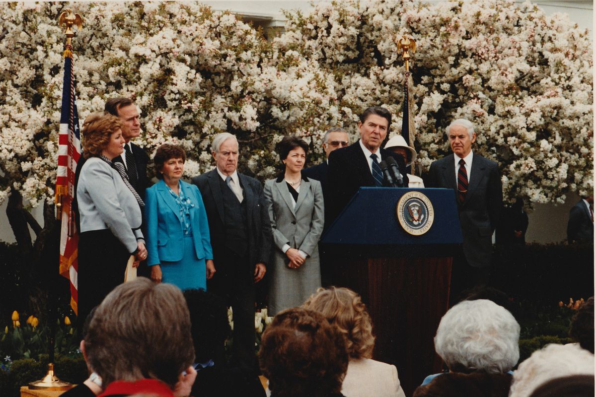 Sunny, to the left of President Ronald Reagan, is shown in 1983 after speaking to the President’s Task Force on Victims of Crime.  (Courtesy of Sunny and Mike)