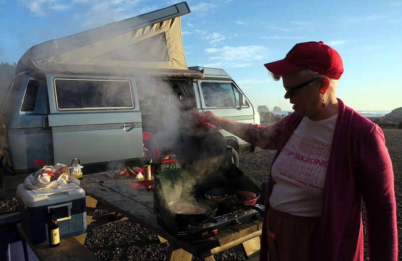 Leslie Kelly cooks on the Coleman stove at La Push, Wash.  (John Nelson )