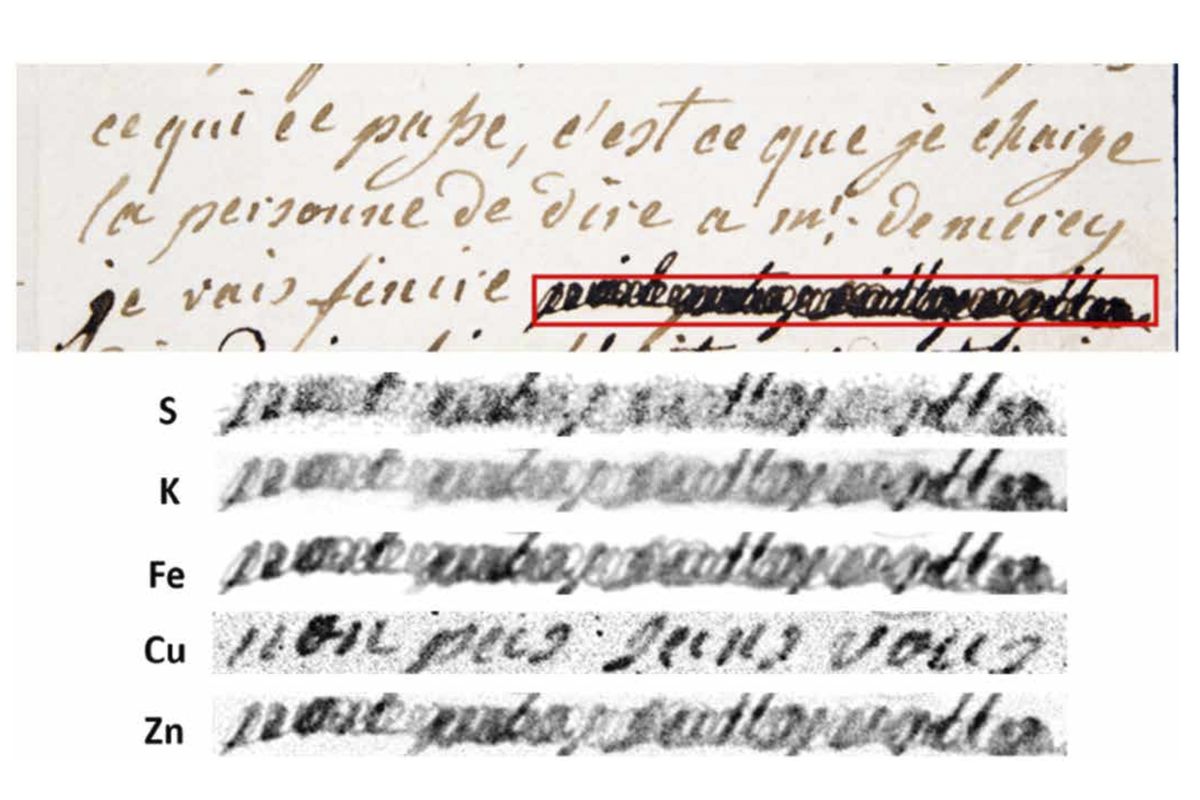 An image provided by researchers shows a section of a letter dated Jan. 4, 1792, by Marie Antoinette, queen of France and wife of Louis XVI, to Swedish count Axel von Fersen, with a phrase (outlined in red) redacted by an unknown censor. The bottom half shows results from an X-ray fluorescence spectroscopy scan on the redacted words. The copper (Cu) section reveals the French words, “non pas sans vous” (“not without you”).  (HONS)