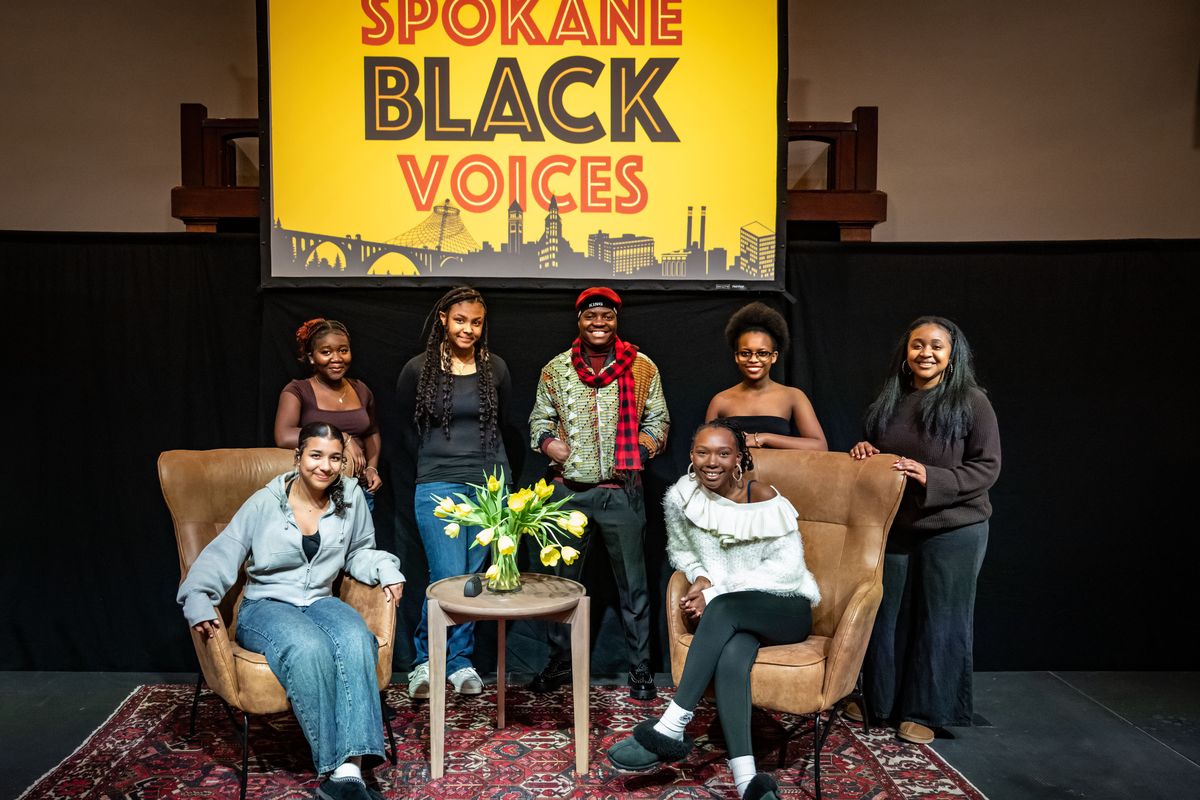 This year’s Spokane Black Voices Symposium contributors pose for a photo before The Black Lens sponsored event in which Black students from the Spokane area presented their artwork and writings on Feb. 3 at the Montvale Event Center. Left to right, front row: Jordyn Bower (Shadle), Addison Spangler (Shadle), Back row, left to right: Mazvita Whacha (Shadle), Asha Alston (Salk), Jospin Imona (Shadle), Nikita Habimana (Shadle) and Anesu Whacha (Shadle).  (COLIN MULVANY/The Spokesman-Review)