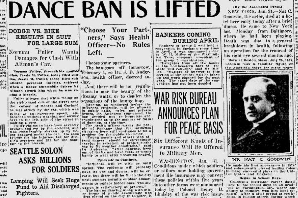 The ban on public dances – the last vestige of the Spanish flu quarantine – was finally lifted, the Spokane Daily Chronicle reported on Jan. 31, 1919. Dance had been banned as a way to prevent the spread of flu. (Spokesman-Review archives)