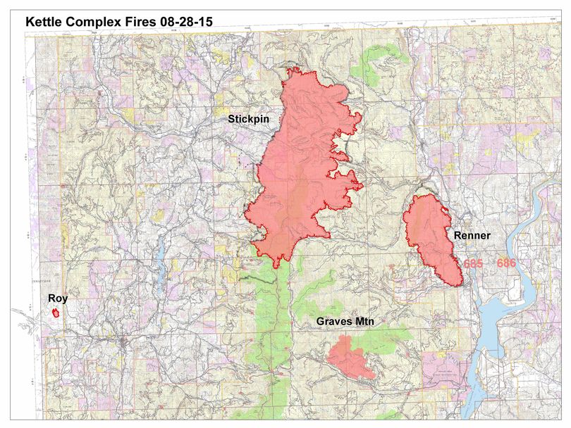 The four Kettle Complex fires, including the 50,000-acre Stickpin Fire, had expanded to 62,300 acres on Aug. 28, 2015.