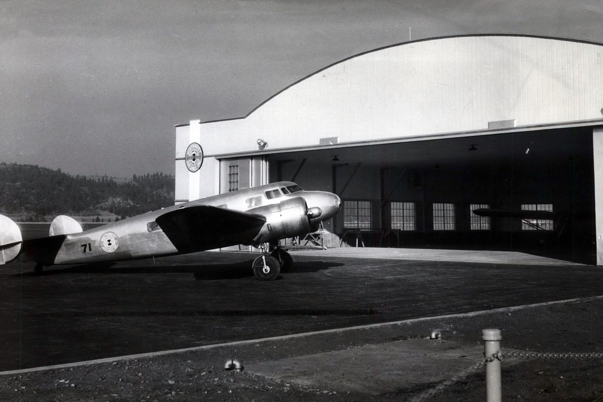 1936 - A Lockheed Electra 10A is shown in front of the Northwest Airlines hangar at Felts Field. This plane later crashed near Kellogg, Idaho in December of 1936 enroute from Missoula to Spokane, killing the two pilots. It is similar to the plane in which pilots Amelia Earhart and Fred Noonan were lost over the Pacific the next year. (SPOKESMAN-REVIEW PHOTO ARCHIVE / SR)