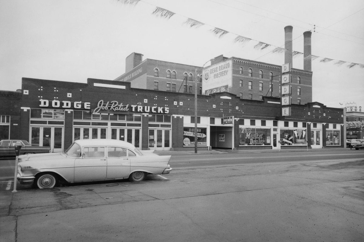 Circa 1965: Dodge City, a dealership at 920 W. Second Ave. in downtown Spokane, belonged to Clay S. Bleck, an automotive dealer who was born in Spokane but started business in Portland. His first project in Spokane was purchasing Brownson Motors, a Dodge and Plymouth dealer in Dishman in 1951. Bleck would eventually own several dealerships in Spokane selling Dodges, Pontiacs, Chevrolets, and multiple foreign marques from Asia and Europe. Bleck moved his dealership downtown in the early 1960s after the Riegel Brothers Dodge dealership closed down.  (Northwest Room/Spokane Public Library)
