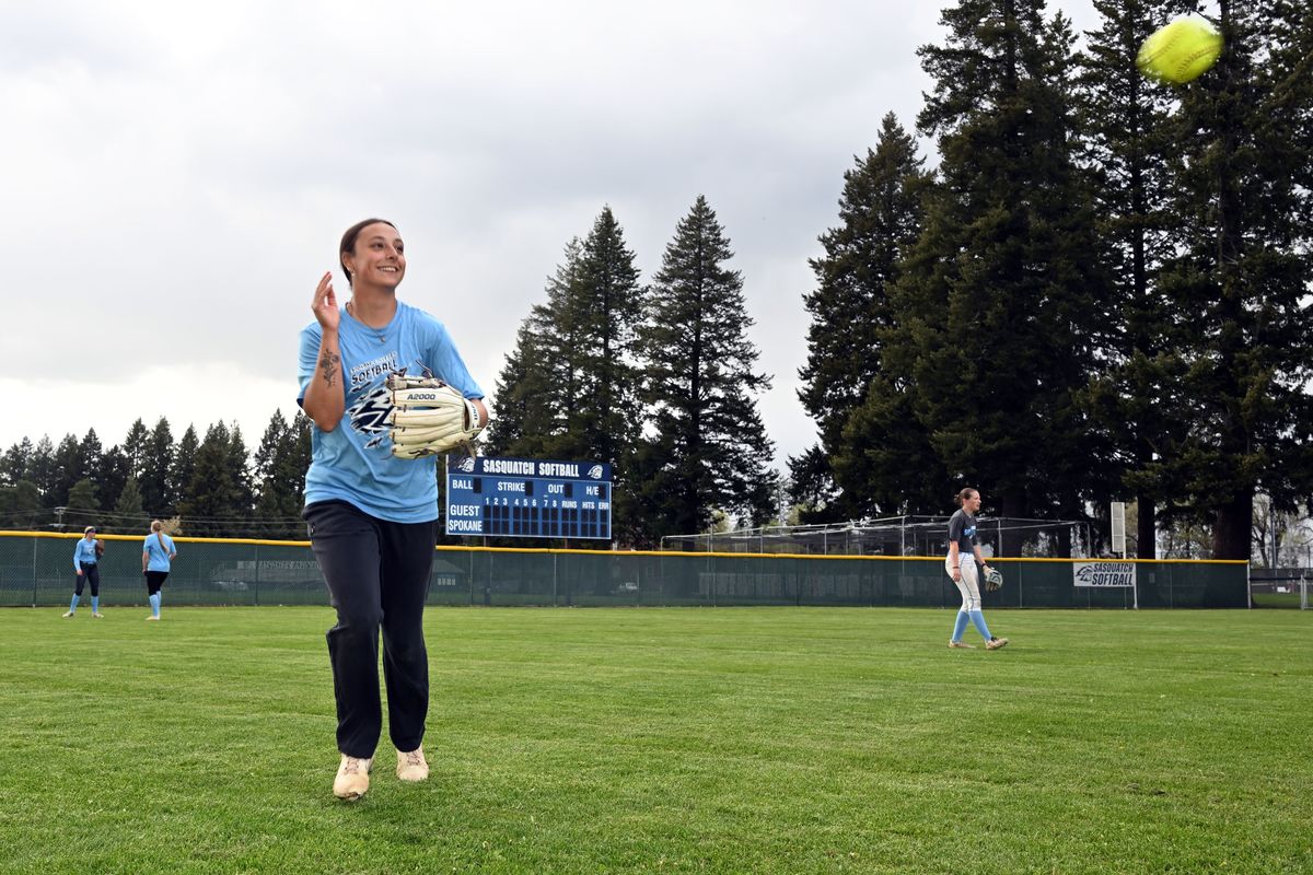 Samantha Rensvold works on ball fielding skills at practice Tuesday, April 28, 2026 at Spokane Falls Community College in Spokane, Washington. Rensvold, a pitcher and infielder for the Community Colleges of Spokane Sasquatch, was born and adopted in Great Falls, Montana and only recently discovered she has a sister who also plays college softball in Montana.  (Jesse Tinsley/THE SPOKESMAN-REVI)