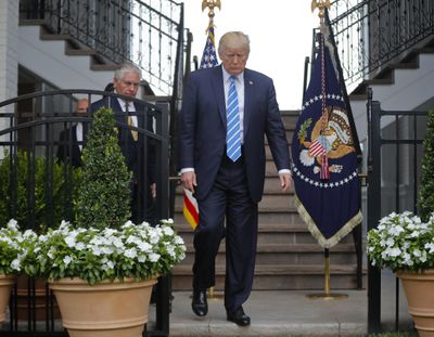 President Donald Trump walks out with Secretary of State Rex Tillerson, U.S. Ambassador to the United Nations Nikki Haley and national security adviser H.R. McMaster to speak to members of the media following their meeting at Trump National Golf Club in Bedminster, N.J., Friday, Aug. 11, 2017. (Pablo Martinez Monsivais / Associated Press)