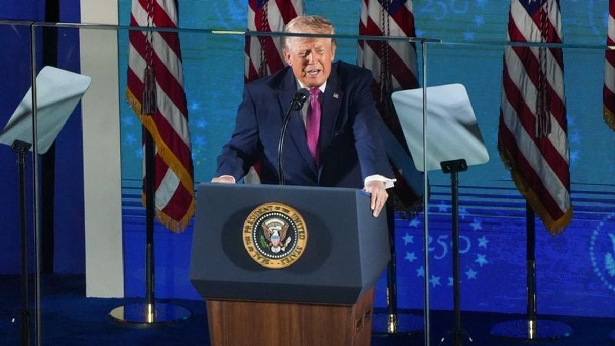 President Donald Trump speaks to the audience during the America