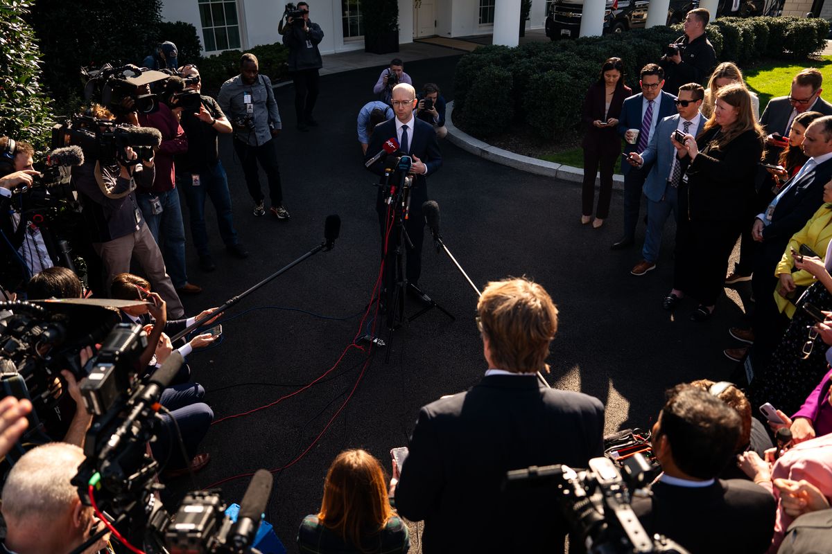 Ian Sams, a spokesman for the White House Counsel’s Office, speaks to members of the media outside the White House on March 12.  (Kent Nishimura/For The Washington Post)