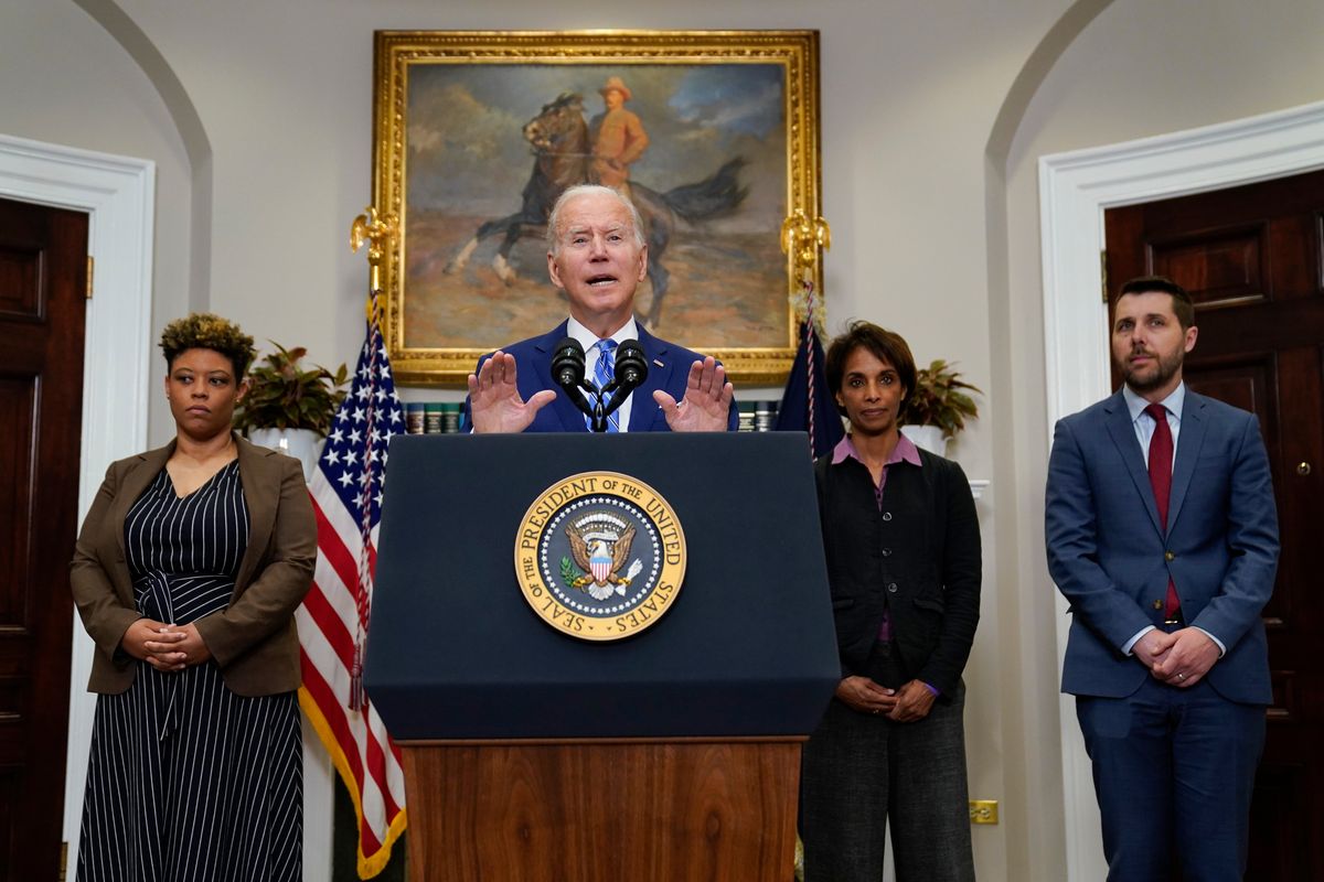 President Joe Biden speaks in the Roosevelt Room of the White House, Wednesday, May 4, 2022, in Washington. From left, Office of Management and Budget Director Shalanda Young, Biden, Cecilia Rouse, chair of the Council of Economic Advisers and Brian Deese, Assistant to the President and Director of the National Economic Council.   (Evan Vucci)