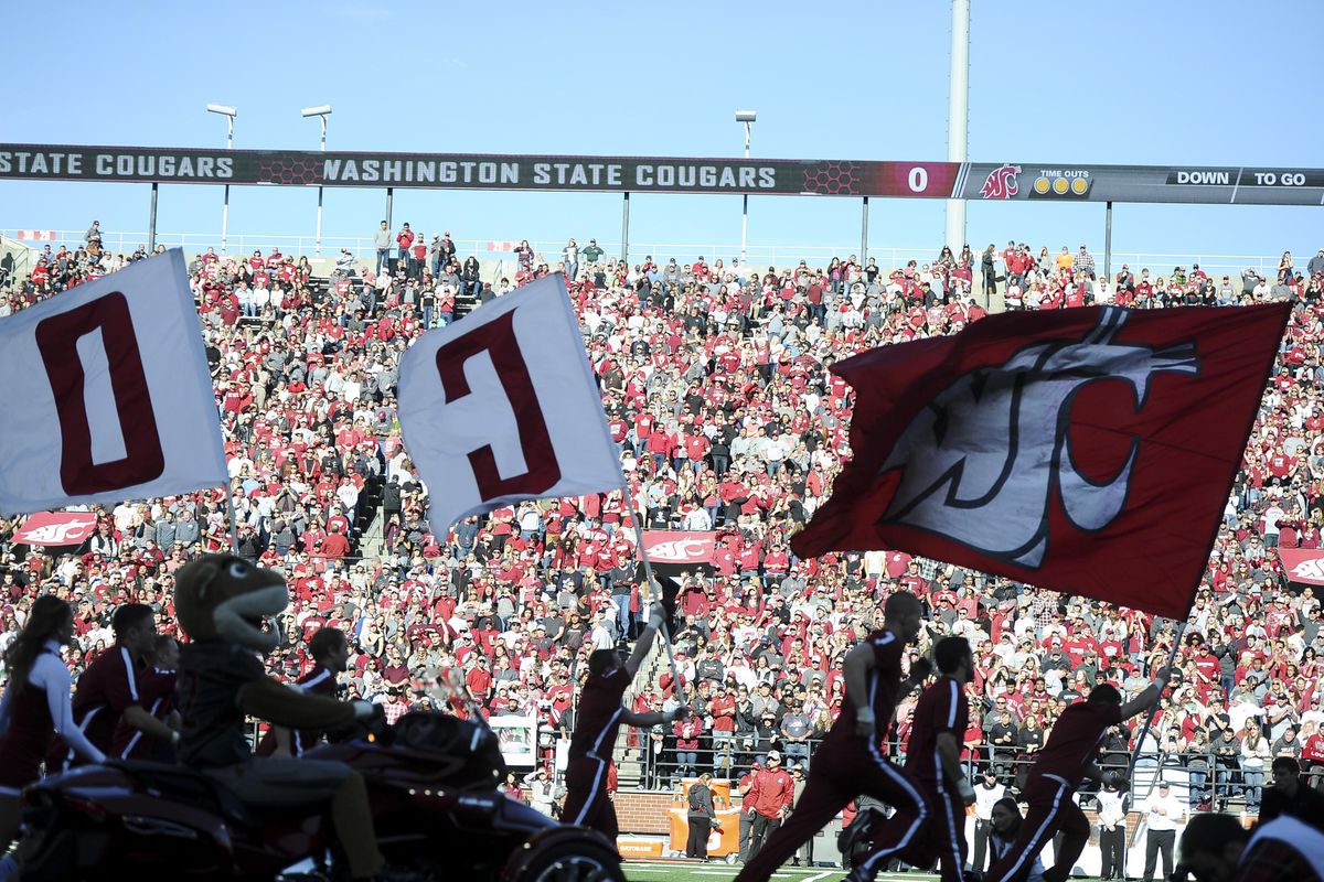WSU takes the field to face Arizona during the first half of a college football game on Saturday, Oct 15, 2016, at Martin Stadium in Pullman, Wash. (Tyler Tjomsland / The Spokesman-Review)
