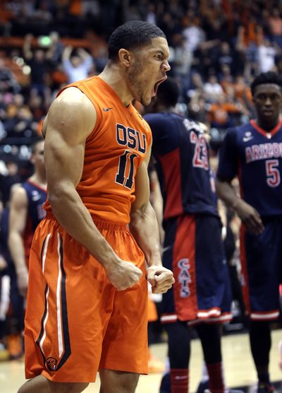 Oregon State guard Malcolm Duvivier is pumped up after scoring against Arizona on Sunday night. (Associated Press)