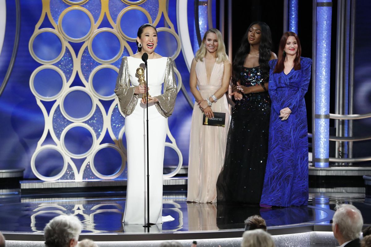 This image released by NBC shows Sandra Oh accepting the award for best actress in a drama series for her role in "Killing Eve" during the 76th Annual Golden Globe Awards at the Beverly Hilton Hotel on Sunday, Jan. 6, 2019 in Beverly Hills, Calif. (Paul Drinkwater / Associated Press)
