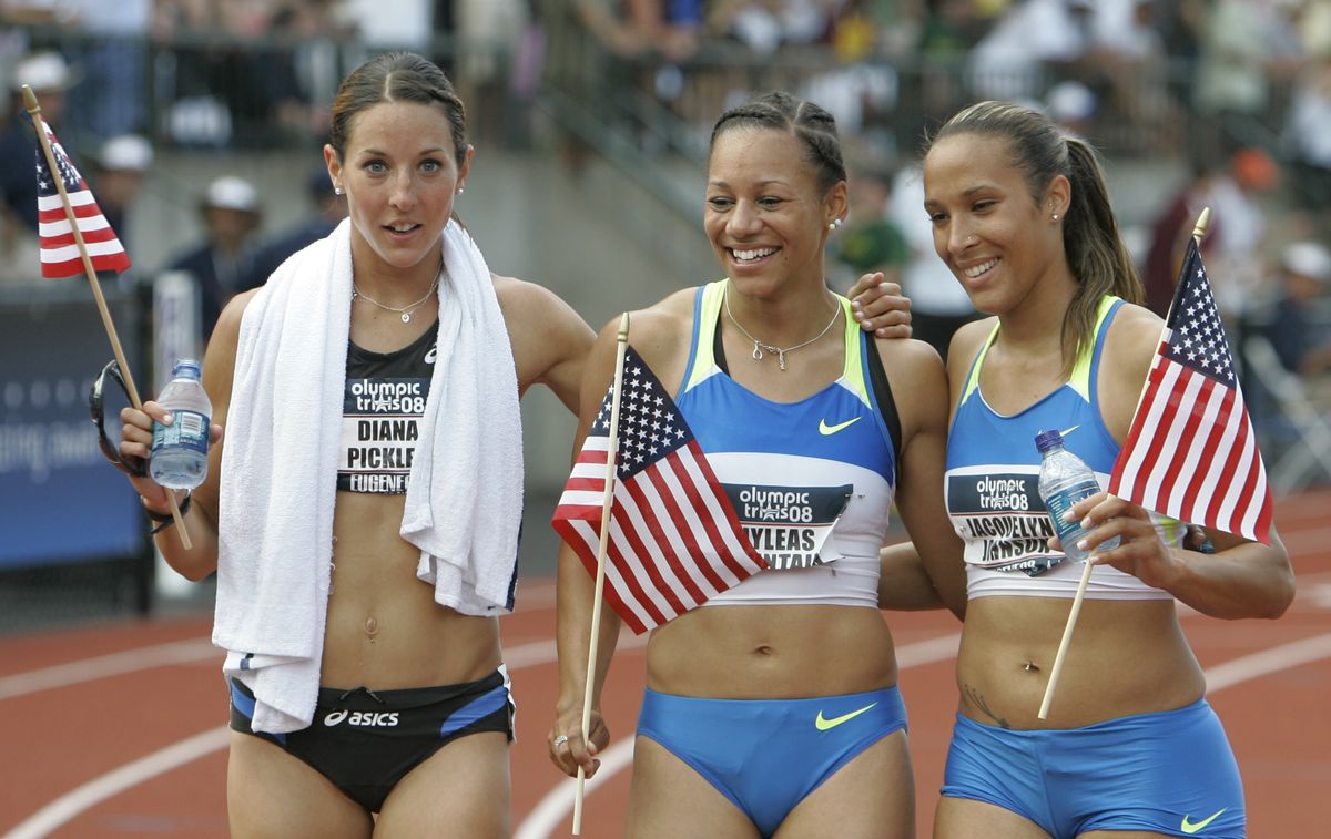 Diana Pickler, left, poses with fellow U.S. Olympic heptathletes Hyleas Fountain and Jacquelyn Johnson, right, in Eugene, Ore.  (Associated Press / The Spokesman-Review)