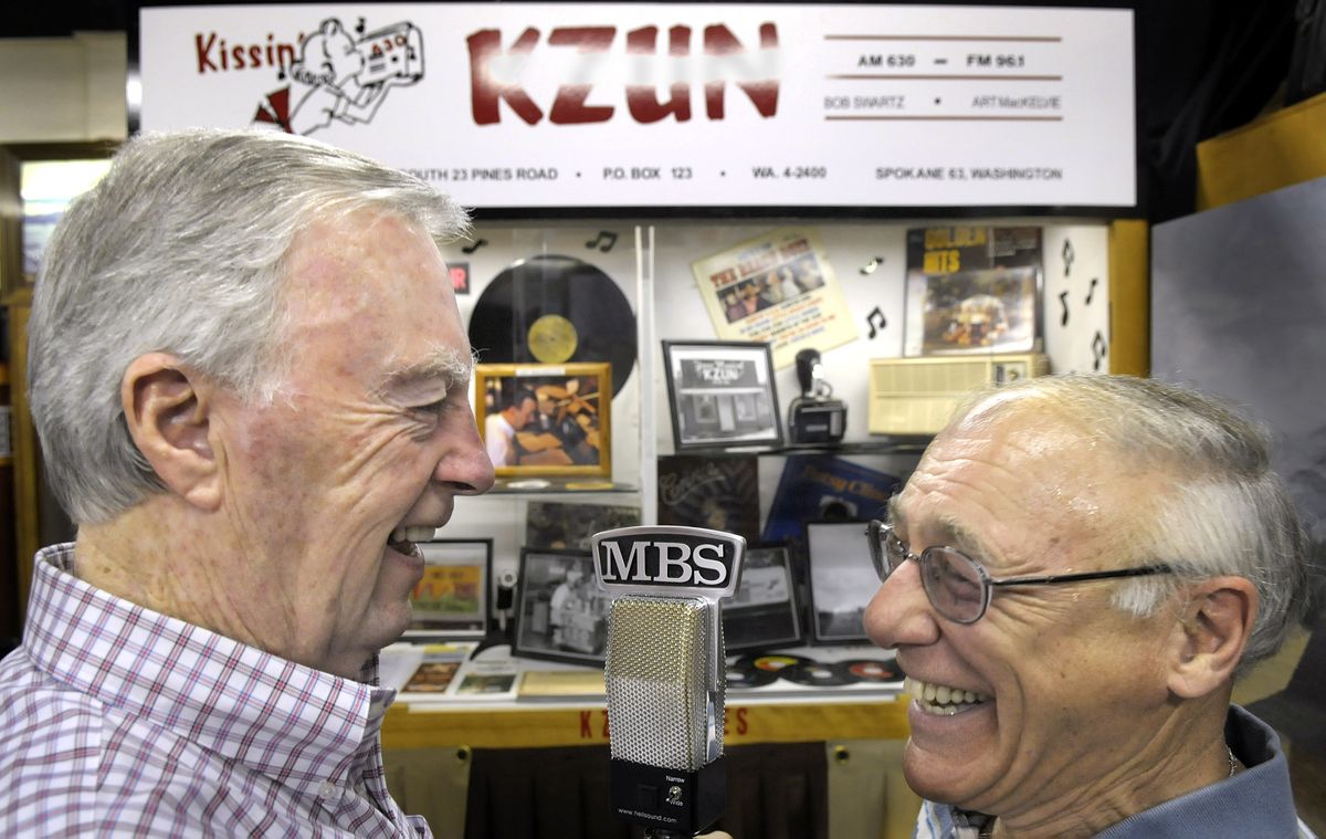 Art MacKelvie, left, and Jerry Anderson  still share the mike and enjoy each others company as they talk about their days at radio station KZUN at the Valley Heritage Museum exhibit that honors that station. (Photos by CHRISTOPHER ANDERSON / The Spokesman-Review)