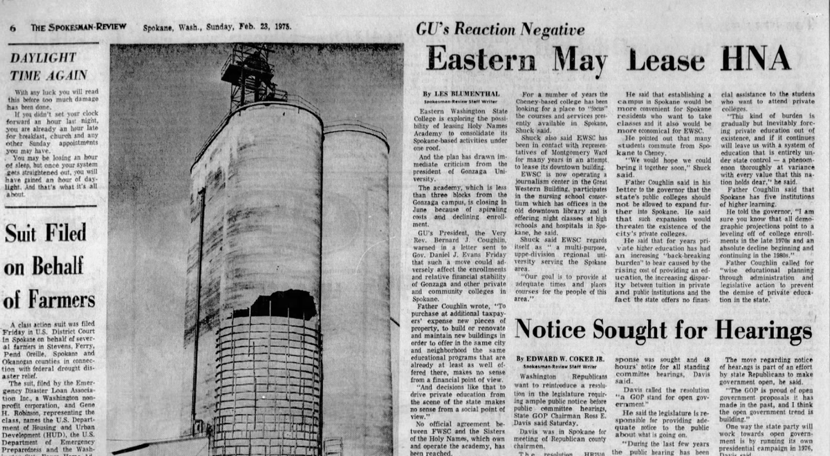 Eastern Washington College (now University) was considering leasing the soon-to-be-closed Holy Names Academy, drawing an immediate rebuke from Gonzaga University, The Spokesman-Review reported on Feb. 23, 1975.  (Spokesman-Review archives)