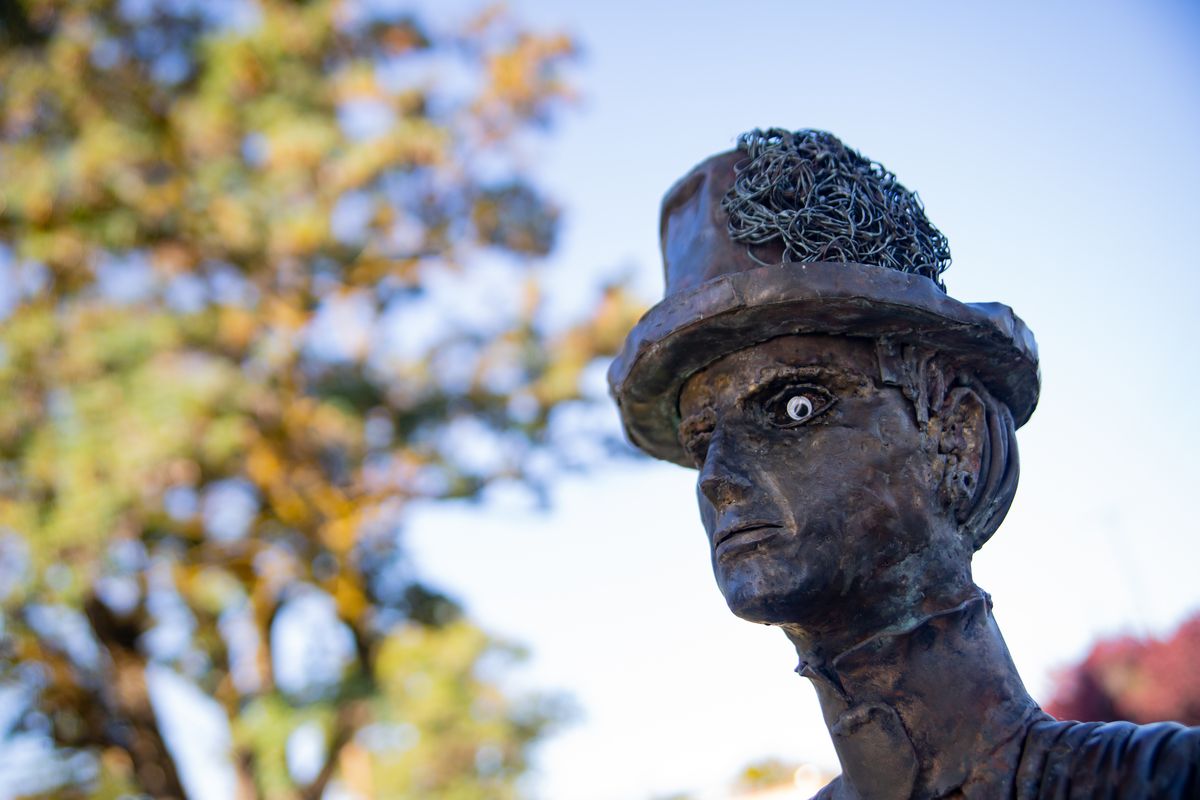 Googly eyes adorn the Mrs. J.J. Browne & Daughter statue of Anna and Alta Browne in the historic Browne’s Addition neighborhood in 2019. The piece, sans googly eyes, was created by the late Sister Paula Turnbull in 2005. SpookWalk groups will tour the historic neighborhood the nights of Halloween weekend to share both ghost stories and fun, such as singing pumpkin carols.  (Libby Kamrowski/THE SPOKESMAN-REVIEW)