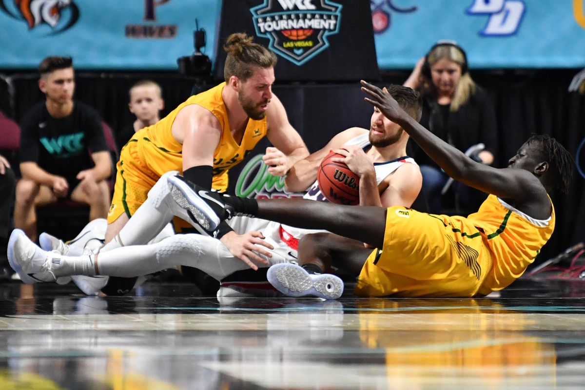 Gonzaga Bulldogs forward Killian Tillie (33) vies for a loose ball against the San Francisco Dons during the first half of a West Coast Conference semi-final basketball game on Monday, March 9, 2020, at The Orleans in Las Vegas, Nev. (Tyler Tjomsland / The Spokesman-Review)