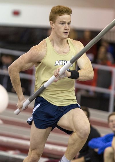 FILE - In this March 13, 2015, file photo, Akron's Shawn Barber runs during the pole vault event during the NCAA indoors track and field national championships in Fayetteville, Ark. Barber tested positive for cocaine before the Rio Olympics following a tryst with a woman he met on Craigslist. (AP Photo/Gareth Patterson) ORG XMIT: NY903 (Gareth Patterson / AP)