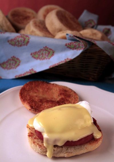 Recipes for English muffins vary. This one is not too complicated and turns out light, chewy muffins that could make a good base for Eggs Benedict.