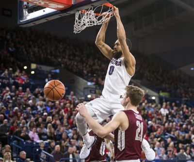 Gonzaga guard Silas Melson throws down a first-half dunk against Santa Clara on Saturday in the McCarthey Athletic Center. Melson scored a game-high 19 points. (Dan Pelle / The Spokesman-Review)