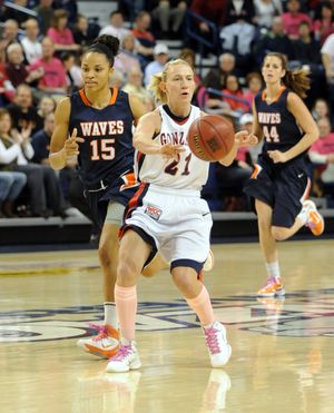 Courtney Vandersloot makes a pass away from Pepperdine's Skye Barnett, left, in the first period of play  on Saturday afternoon, Feb. 12, 2011, at Gonzaga University's McCarthey Athletic Center. (Jesse Tinsley / The Spokesman-Review)