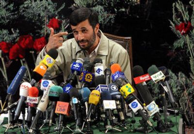 
Iran's president Mahmoud Ahmadinejad speaks for more than two hours at a conference in Tehran Saturday. 
 (Associated Press / The Spokesman-Review)