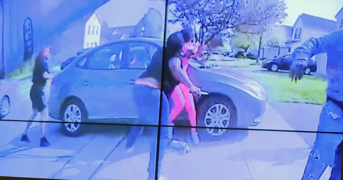 In an image from police bodycam video that the Columbus Police Department played during a news conference Tuesday night, April 20, 2021, a teenage girl, foreground, appears to wield a knife during an altercation before being shot by a police officer Tuesday, April 20, 2021, in Columbus, Ohio. Police shot and the girl just as the verdict was being announced in the trial for the killing of George Floyd. State law allows police to use deadly force to protect themselves or others, and investigators will determine whether this shooting was such an instance, Interim Police Chief Michael Woods said at the news conference.  (HOGP)