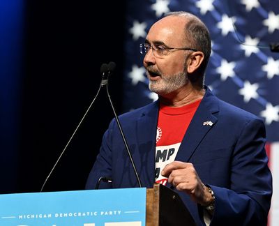 UAW President Shawn Fain speaks during an Election Day rally for the Michigan Democrats Nov. 5 at MotorCity Casino in Detroit.  (Robin Buckson/The Detroit News/TNS)