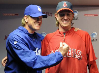 Jeff Weaver, left, and brother Jered Weaver will face off.  (Associated Press / The Spokesman-Review)