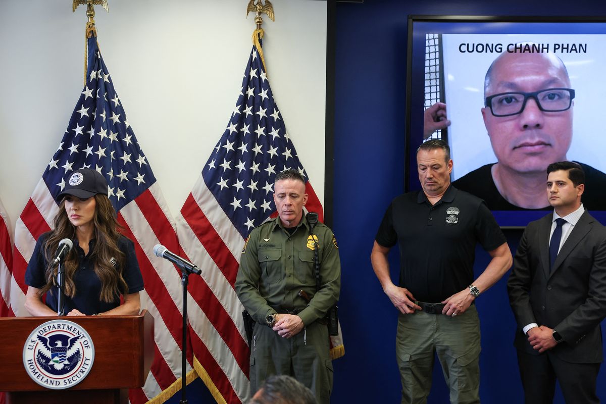 U.S. Department of Homeland Security Secretary Kristi Noem, left, speaks during a news conference alongside, from left, Gregory Bovino, Chief Patrol Agent at the El Centro Sector of U.S. Customs and Border Patrol, Acting ICE Director Todd Lyons, and U.S. Attorney for the Central District of California Bilal Essayli, at the Wilshire Federal Building in Los Angeles on June 12, 2025. (Patrick T. Fallon/AFP/Getty Images/TNS) (Patrick T. Fallon/AFP/Getty Images North America/TNS)