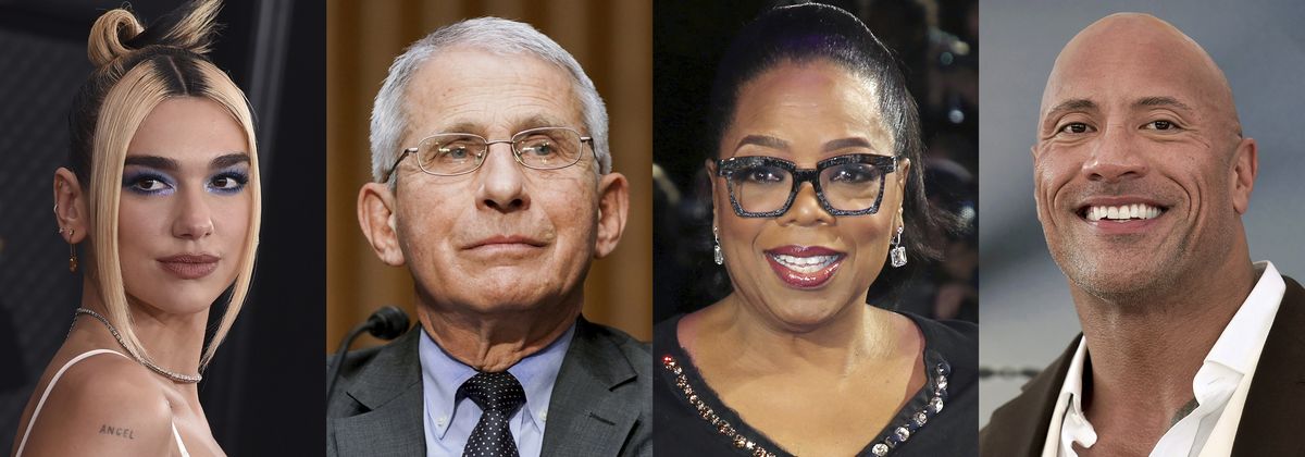 This combination photo shows singer Dua Lipa, from left, Dr. Anthony Fauci, Oprah Winfrey, and Dwayne “The Rock” Johnson, who are among the winners Tuesday at the Webby Awards, which recognize the best internet content and creators. The Webby Person of the Year went to Fauci for using digital and social media to reach the masses with credible and factual COVID-19 information.  (STF)