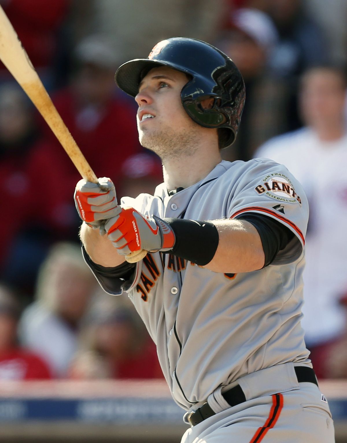 Giants catcher Buster Posey hits a grand slam in the fifth inning. (Associated Press)