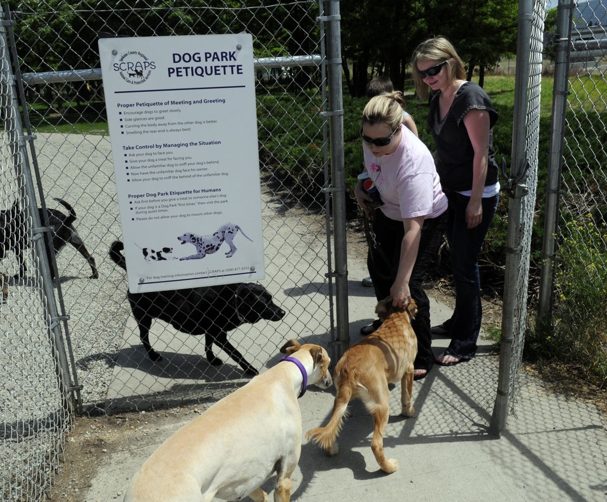 Dogs are unleashed as they enter Gateway Regional Park at the state line  Thursday. The park will be renamed the Patricia Simonet Laughing Dog Park in honor of the longtime SCRAPS employee, who also wrote the dog park “petiquette” that greets visitors.  (J. BART RAYNIAK)