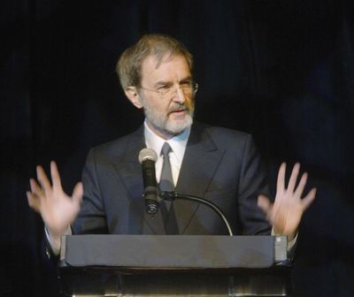 In a Feb. 5, 2003  photo, Pulitzer Prize winner and keynote speaker Edmund Morris speaks, during the centennial gala for the Salt River Project at the Arizona Biltmore in Phoenix. Noted presidential biographer Edmund Morris, best known for writing a book about the life of Ronald Reagan in 1999, died Friday, May 25, 2019 in a hospital in Danbury, Connecticut a day after suffering a stroke. He was 78. His wife, Sylvia Jukes Morris, confirmed his death to the Associated Press Monday. (BRAD ARMSTRONG / East Valley Tribune)