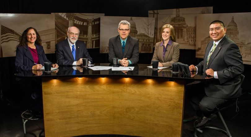 From left, Betsy Russell, Jim Weatherby, Kevin Richert, and hosts Melissa Davlin and Aaron Kunz on Idaho Public Television's 