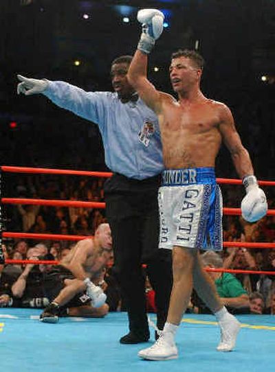
Referee Earl Brown points Arturo Gatti toward his corner after a knockdown of 
