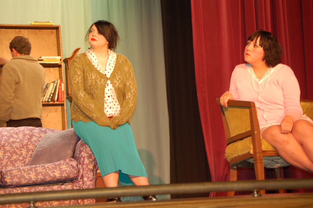From left, Miles Fowler, as Jeffrey, Rhiannon Odekirk, as Fairy May, and Emylie Keehner, as Florence, rehearse a scene in the Rogers High School production of “The Curious Savage.”