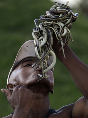 A street magician swallows a snake in Antananarivo, Madagascar Monday, Nov. 22, 2010, as he performs and later pulls them out. Since Madagascar gained independence from France in 1960, soldiers have repeatedly meddled in politics, and most Malagasy, as the nation's people are known, live in poverty, which ecotourism, vanilla production and the recent discovery of oil have done little to alleviate. (Themba Hadebe / Associated Press)