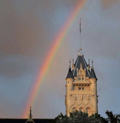 A rainbow frames the County Courthouse at sunset as thunderstorms begin to roll through Spokane on July 12, 2011.  (Christopher Anderson/The Spokesman-Review)