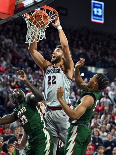 Gonzaga forward Anton Watson (22) dunks the ball as Mississippi Valley State guard Darrius Clark (13) and Donovan Sanders (3) defend during a NCAA college basketball game, Monday, Dec. 11, 2023, in the McCarthey Athletic Center.  (COLIN MULVANY)
