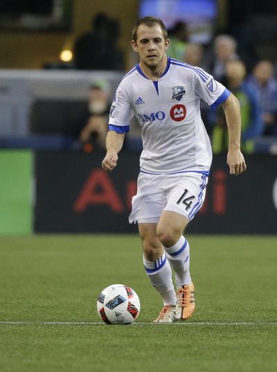 Montreal Impact forward Harry Shipp kicks the ball in the first half of an MLS soccer match against the Seattle Sounders, Saturday, April 2, 2016, in Seattle. (Ted S. Warren / Associated Press)