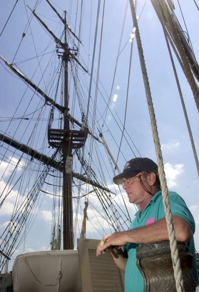 In this July 1, 2004 photo, HMS Bounty Capt. Robin Walbridge stands on the deck of the ship during tours in Sandusky, Ohio. The Coast Guard on Monday, Oct. 29, 2012 said they are searching for the 63-year-old Walbridge, and crew member Claudene Christian, after the 18th-century sailing vessel went down off the North Carolina coast, and the crew had to abandon ship in the rough waters churned up by Hurricane Sandy. (Jason Werling / The Sandusky Register)