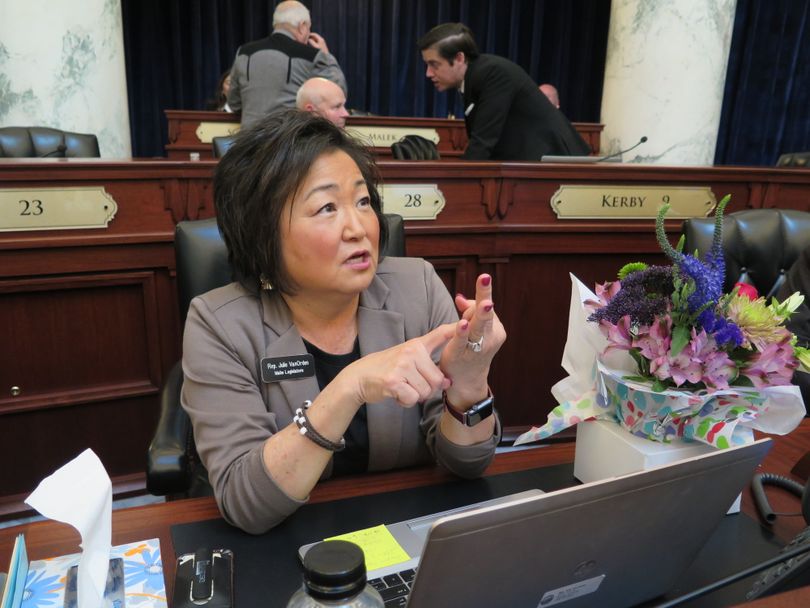 House Education Chair Julie VanOrden, R-Pingree, speaks to reporters in the Idaho House chamber on Tuesday, March 27, 2018 (The Spokesman-Review / Betsy Z. Russell)