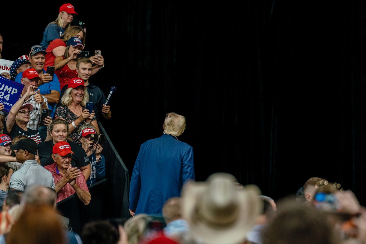 EDS. RETRANSMISSION OF XNYT0620 SENT SEPT. 27, 2023 TO RECAST CAPTION *** FILE -- Former President Donald Trump leaves after speaking at the South Dakota Republican Party, "Monumental Leaders Rally" at the Monument Arena in Rapid City, South Dakota, on Sept. 8, 2023. "There