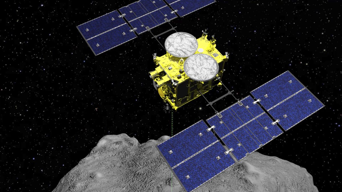 FILE - This computer graphics image released by the Japan Aerospace Exploration Agency (JAXA) shows the Hayabusa2 spacecraft above the asteroid Ryugu. The Japanese space agency said Friday they are all set for the spacecraft′s final approach to Earth this weekend to deliver a capsule containing valuable samples of a distant asteroid that could provide clues to the origin of the solar system.  (HOGP)