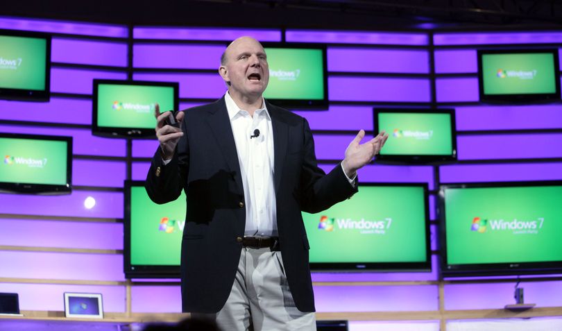 ORG XMIT: NYRD103 Microsoft CEO Steve Ballmer delivers his remarks at the Windows 7 launch event in New York Thursday, Oct. 22, 2009. (AP Photo/Richard Drew) (Richard Drew / The Spokesman-Review)