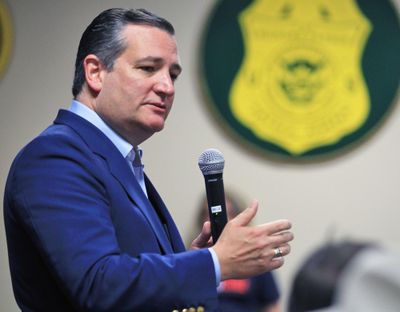 In this April 3, 2018 photo, U.S. Senator Ted Cruz, R-Texas, speaks to supporters as he campaigns for re-election at the National Border Patrol Council Local 3307 offices in Edinburg, Texas. (Joel Martinez / Associated Press)