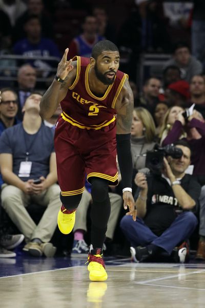 Cleveland Cavaliers' Kyrie Irving celebrates after scoring a 3-point basket during the second half of a game against the Philadelphia 76ers, Sunday, Nov. 27, 2016, in Philadelphia. (Matt Slocum / Associated Press)