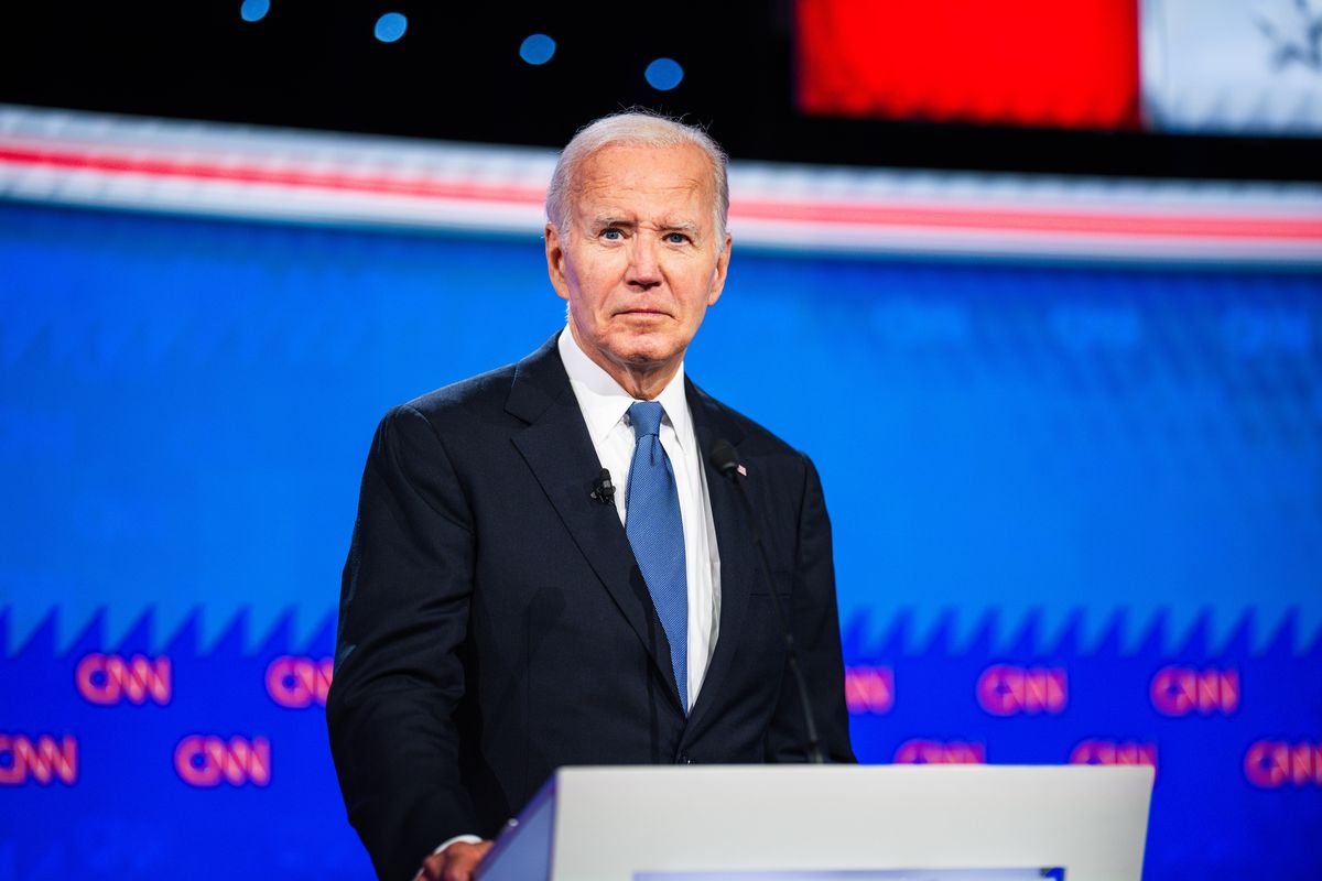 President Joe Biden stands at his podium during the first presidential debate of the 2024 election between himself and former President Donald Trump at CNN’s studios in Atlanta on Thursday.  (Kevin D. Liles/For The Washington Post)